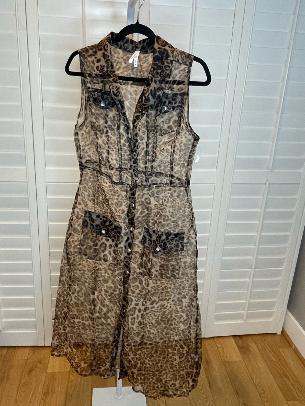 Joy & Ash Y2K Sleeveless Leopard-Print Sheer Utility Midi Dress/Duster - Med.